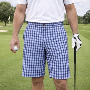 Brooks Brothers Blue Plaid Shorts Men W 35  11” Inseam Flat Front Cotton Golf